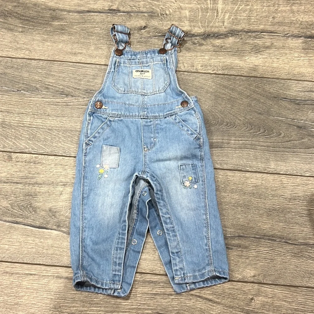 • Oshkosh • Patchwork Floral Embroidered Denim Jean Overalls Blue 6 Months